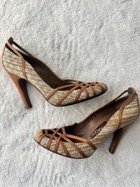 Salvatore Ferragamo Tan & Cream Woven Leather High Heel Pumps